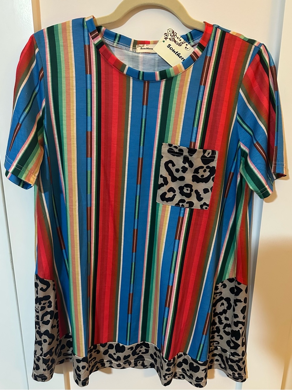 Women’s Multicolor Striped Tee with Leopard Trim - Spotluxe